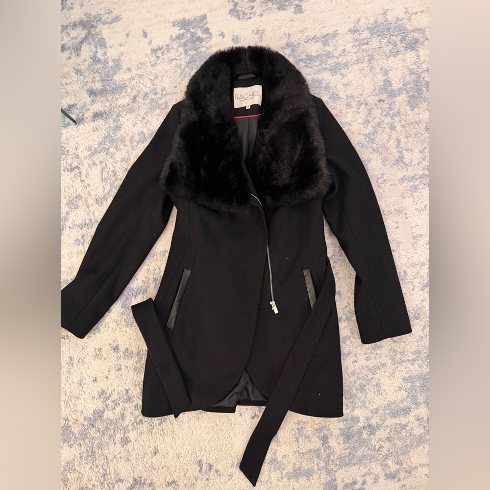 RACHEL Rachel Roy Black Pea Coat with Fur Collar
